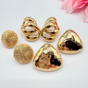 Vintage Earring Lot 3 Pair 90s Gold Tone Hammered Link Braided Button Stud Chic